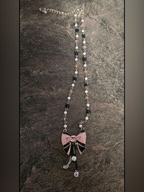 Y2K Coquette Bow Necklace Pink Black Pearl Charm Betsey Style Statement